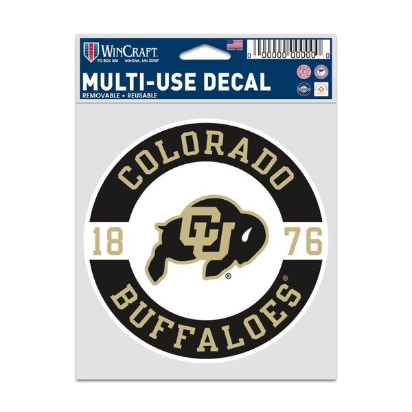 A round sticker that has the CU Buffalo logo in the center, surrounded by Colorado Buffaloes in gold writing on a black background, and 1876 on a white background.